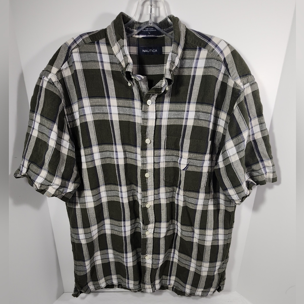 VINTAGE Nautica Casual Button Up Men's Short Sleeve Shirt Linen Large Green Rare